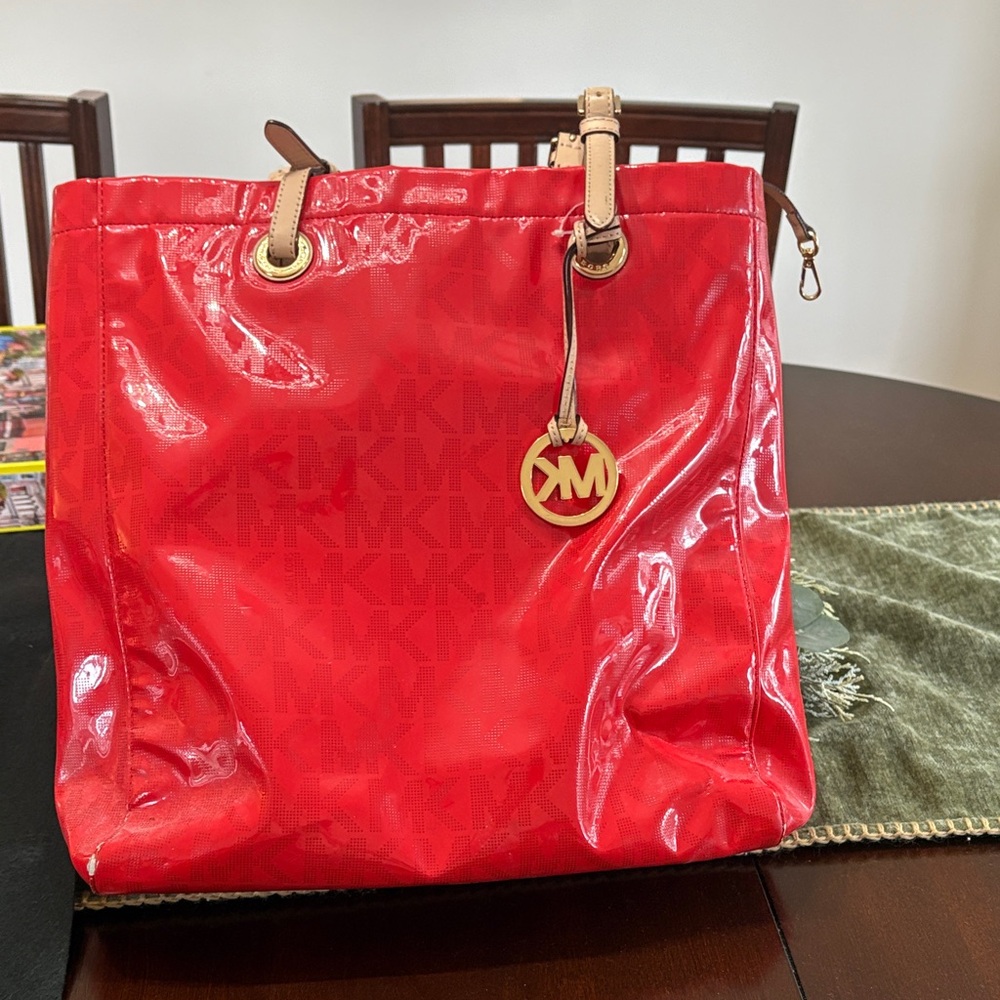 Michael Kors Red Patent Tote with Gold Logo Charm